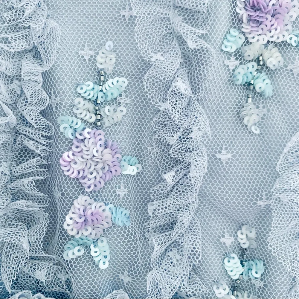 Ivy City Co Lilac/Gray Floral Beaded Ruffled Swiss Dot Maxi Tulle Dress. Purple Size 1X - Image 4