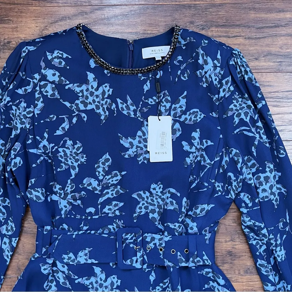 REISS • Melody Printed Dress With Embellished Detail blue floral beaded mini - Image 4