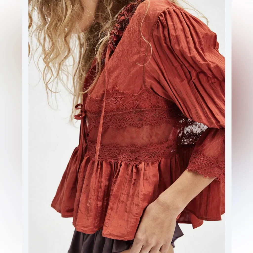 Intimately Free People Rust Lace Top Bed Jacket Sheer Sexy Ties Sateen Victorian - Image 2