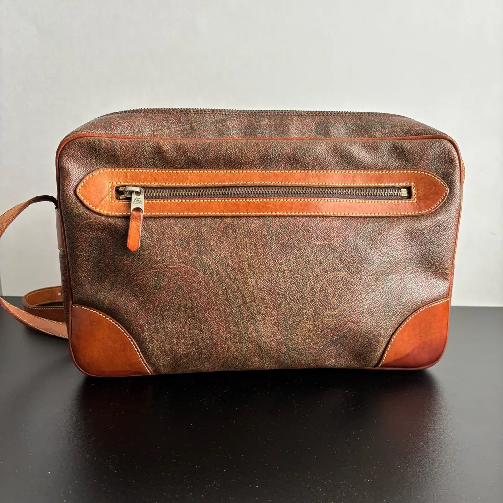 ETRO Red Paisley Crossbody Messenger Shoulder Bag Leather Coated Canvas ITALY Brown - Image 2