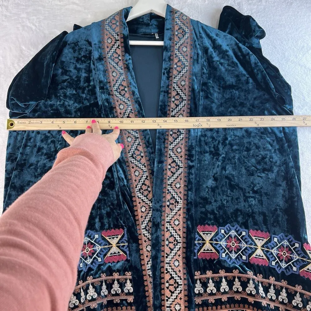 ANDREE By Unit Large L Crushed Velvet Embroidered Teal Open Front Kimono Boho - Image 9