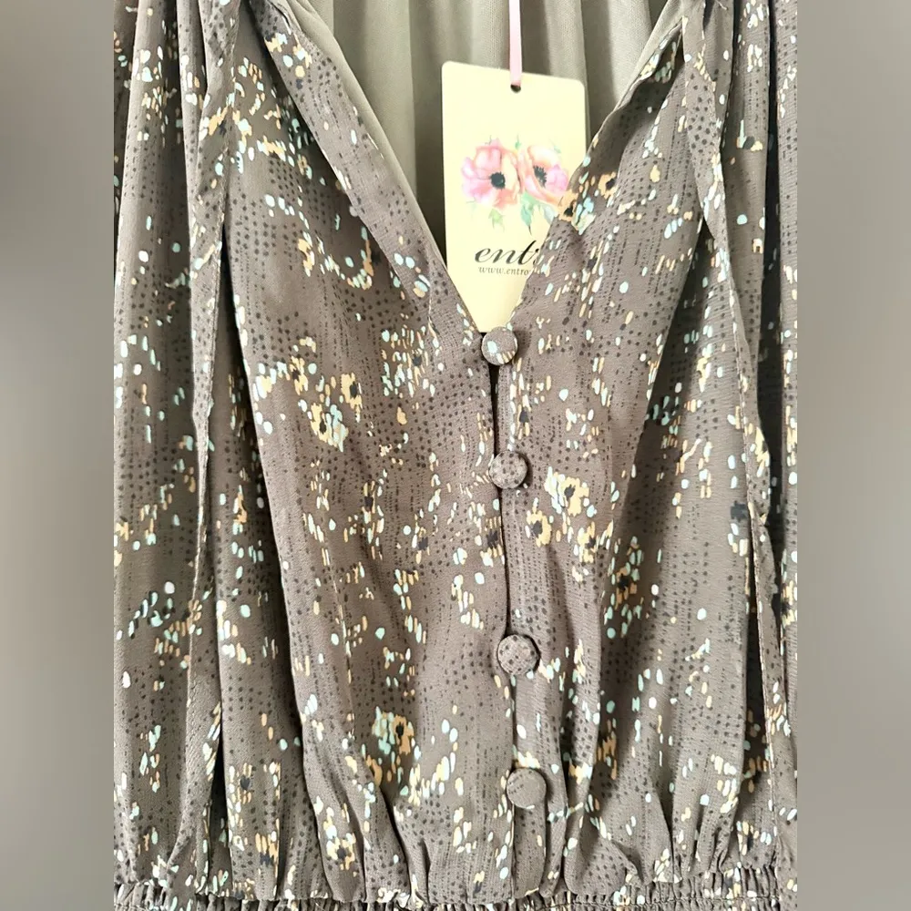 NWT Entro Long Sleeve Ruffle Mini Dress in Brown Multi Abstract Print - Size S - Image 3