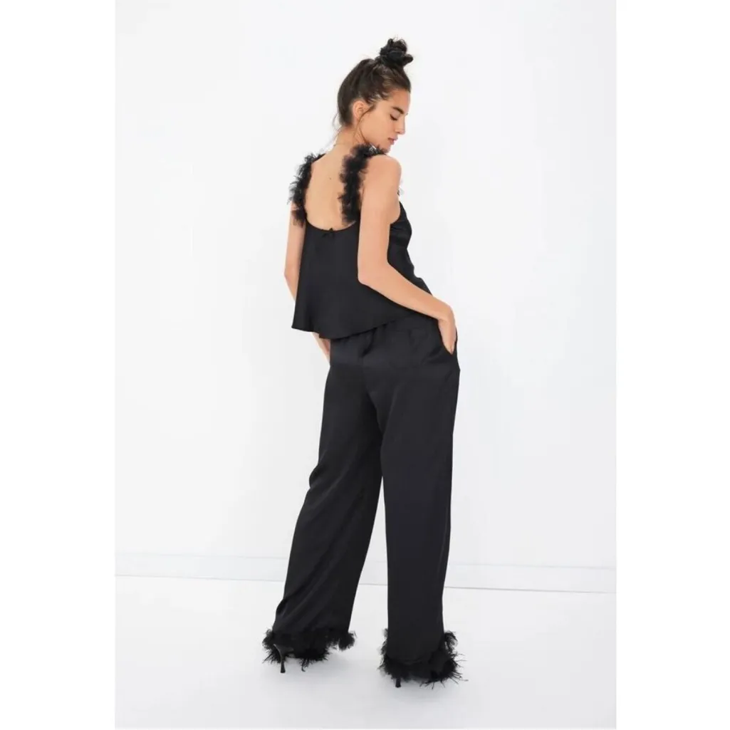 For Love and Lemons small satin and tulle ruffle black pajamas tank long pants - Image 2