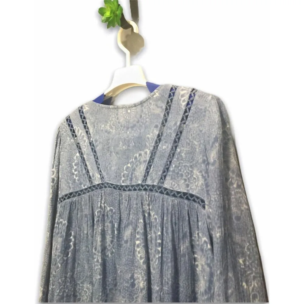 En Creme Top Womens Small Boho Crochet Insert Floral Blue Tassel Tie Top Blouse - Image 6