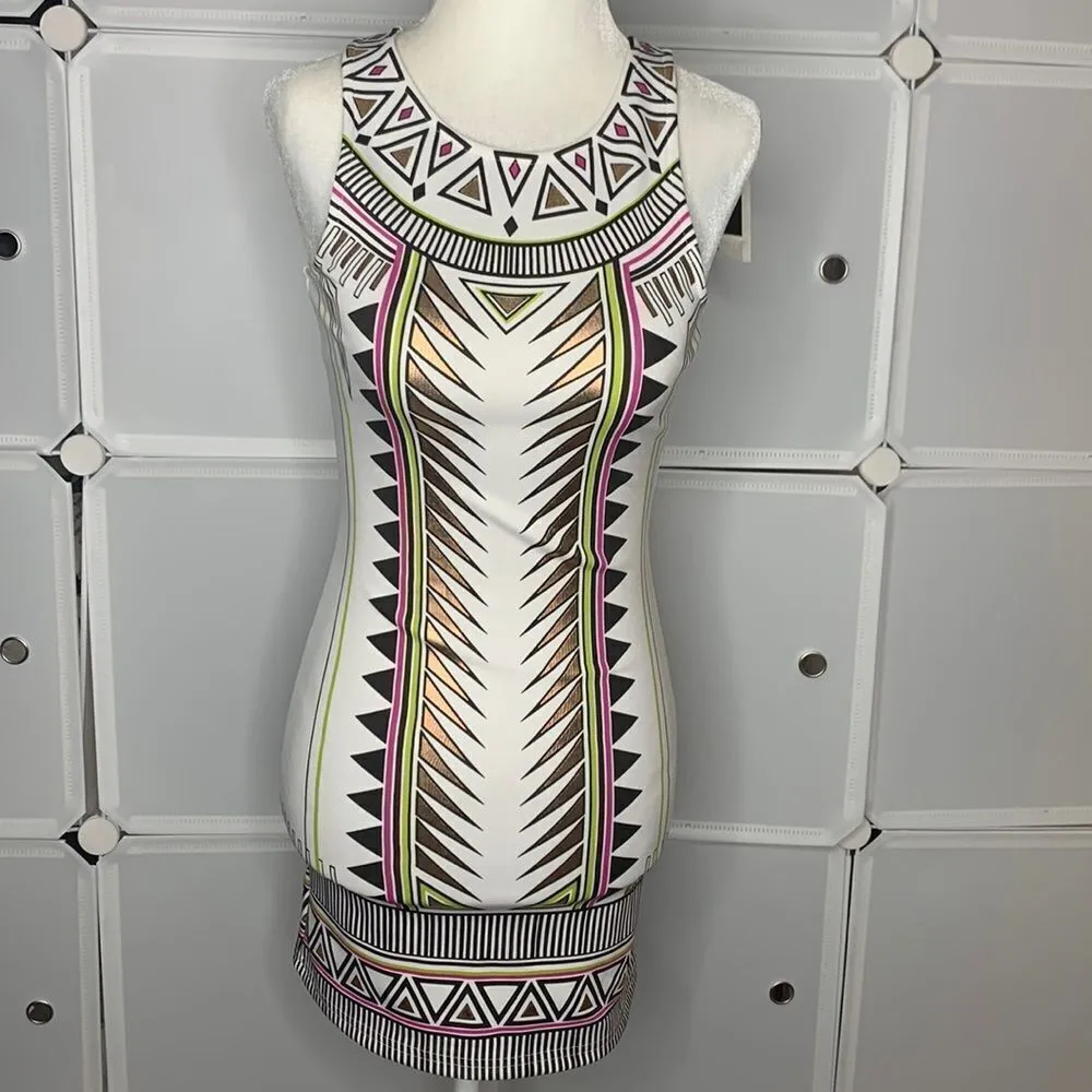 MINKPINK Techno Tribe Bodycon White Metallic Tribal Print Zipper Back Dress XS - Image 3