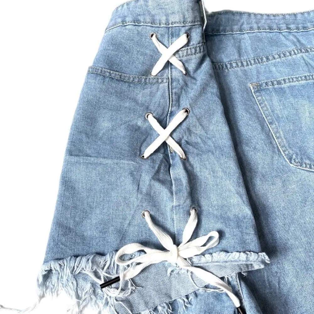 Shein Lace Up Sides Cutoff Jean Shorts Blue Size 3XL - Image 3