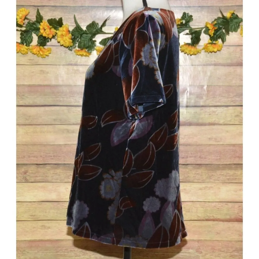 Ann Taylor Ladies Blue Velvet Rust Leaf Pattern Short Sleeve Blouse M Slit Casua - Image 4