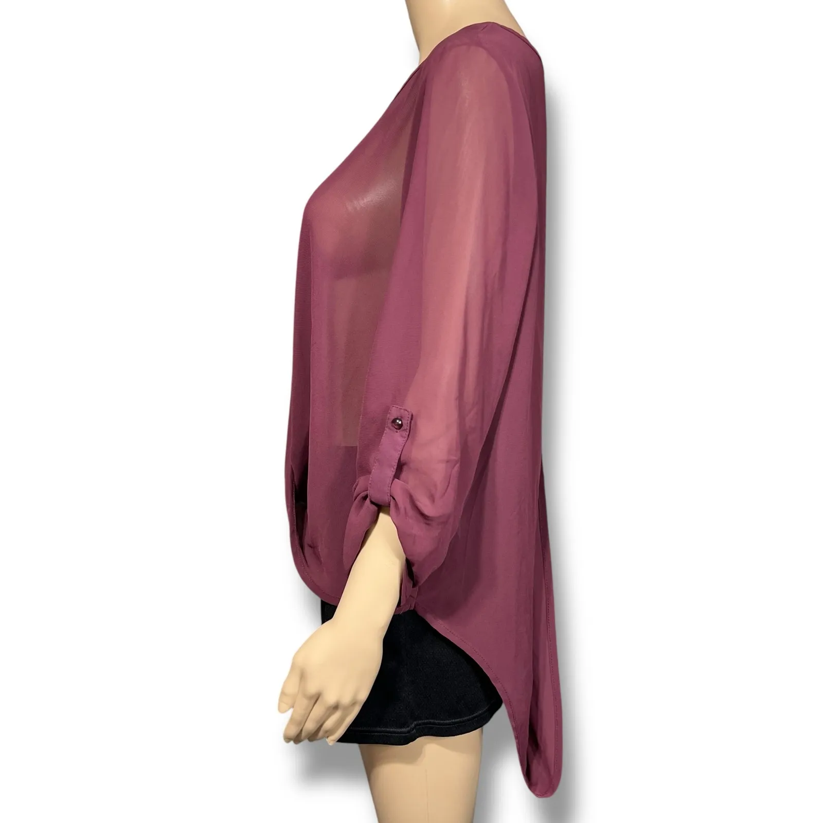 Maurices Womens Sheer Blouse Top Pullover Keyhole Wrap Front High Low Hem Red M - Image 4