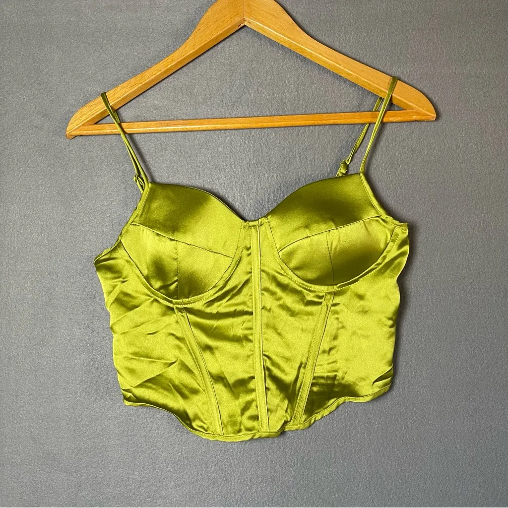 NWT Sincerely Jules Chartreuse Green Satin Corset Smocked Back Crop Top S Y2K - Image 7