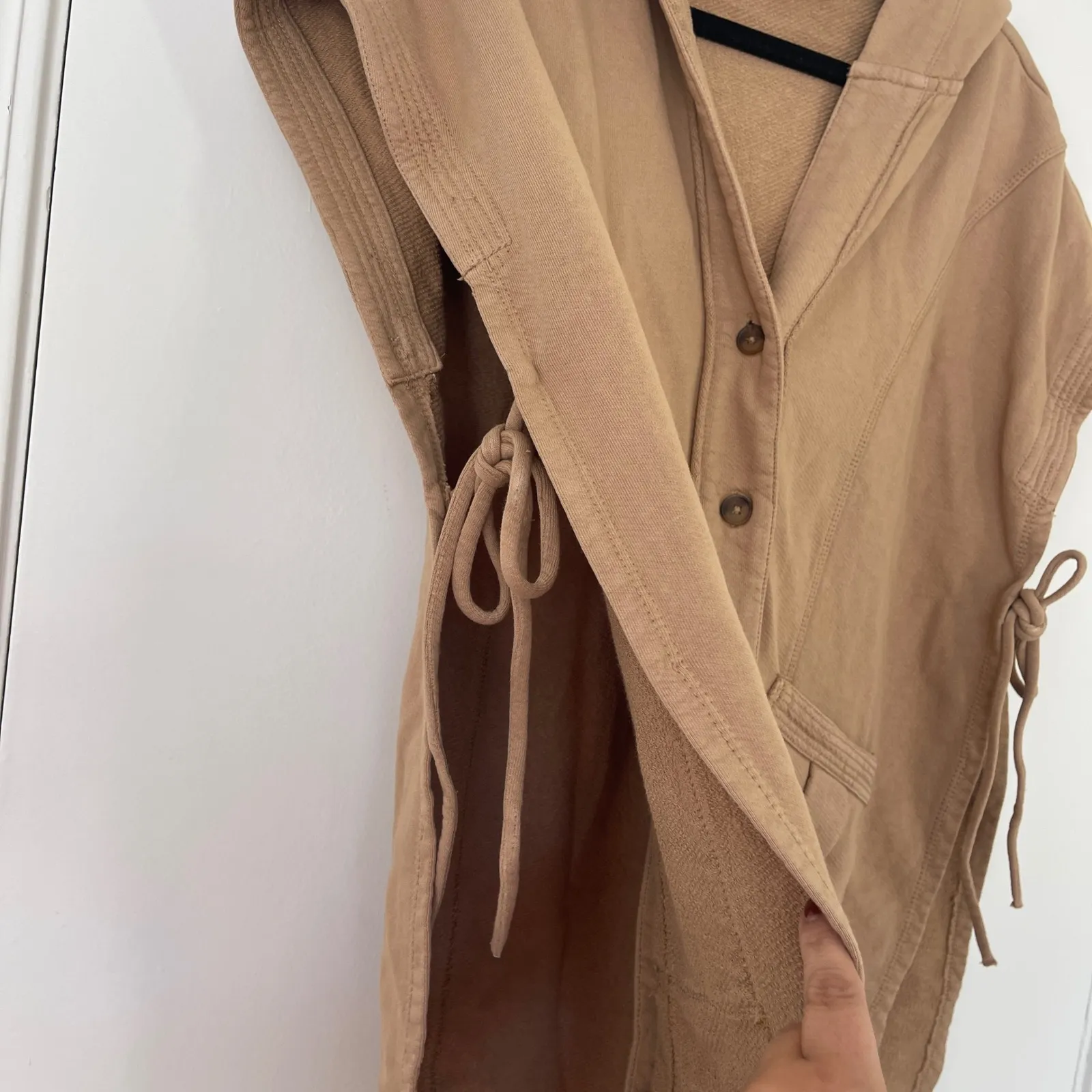 Anthropologie Pilcro Tan Sleeveless Hooded Vest Button Tie Sides Poncho XXS/XS‎ - Image 6