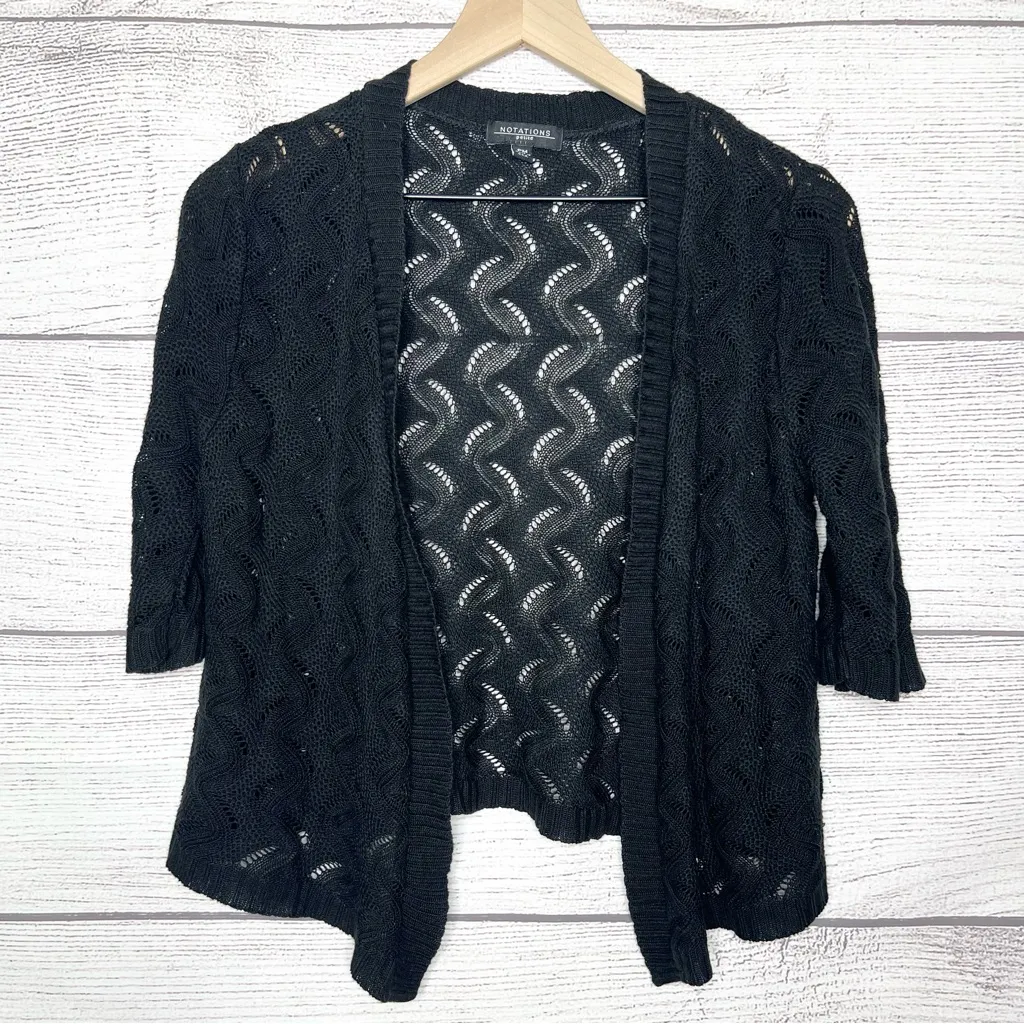 Notations Black Crochet Knit Open Front Cardigan Sweater Size PM Petite Medium - Image 2