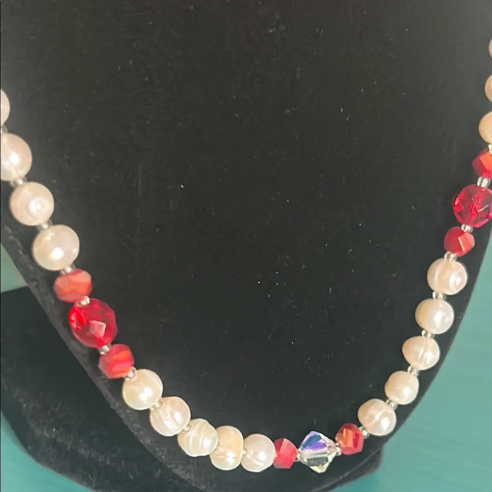 Hand Crafted Classic White Freshwater Pearl and Red Faceted Beaded Necklace Set - Image 7