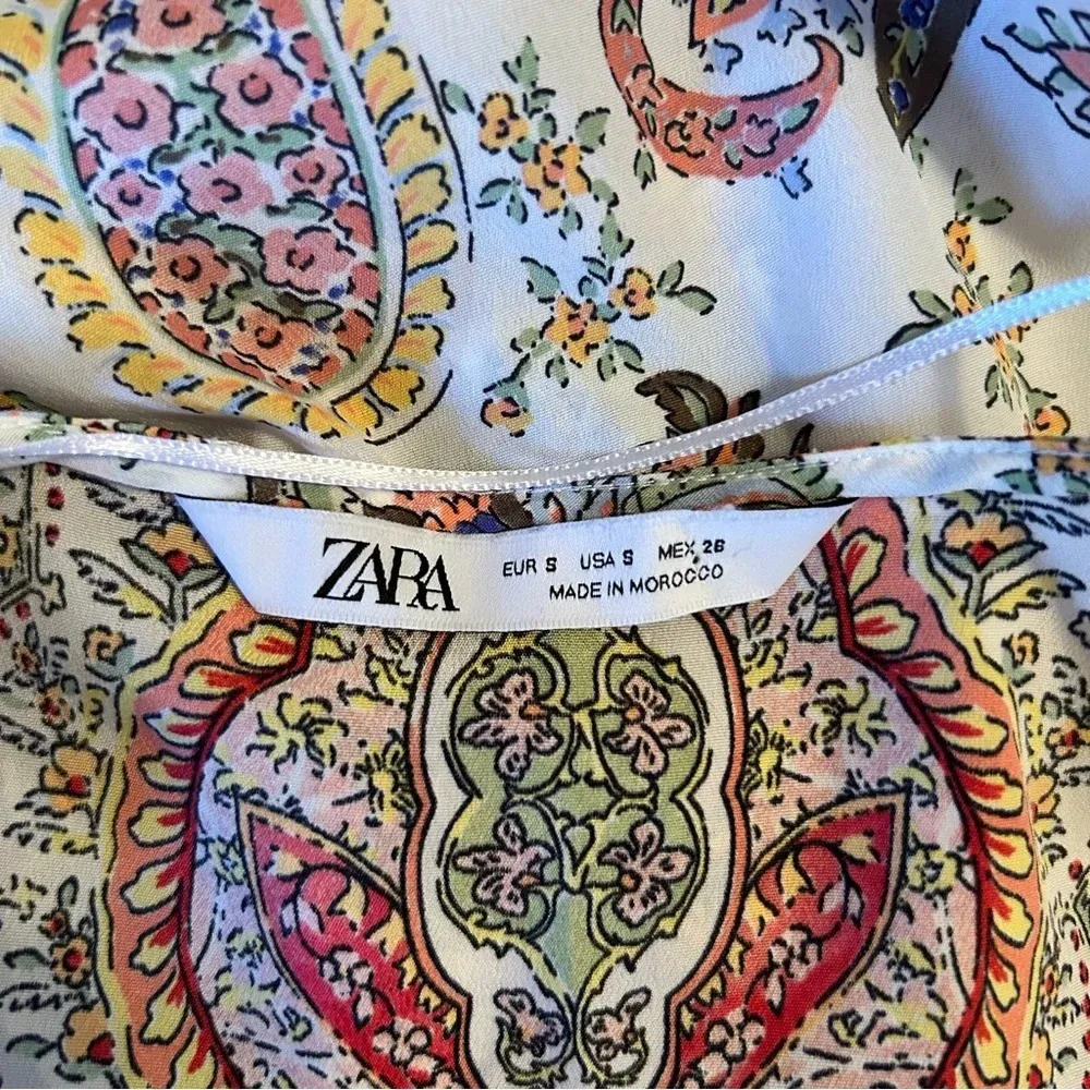 Zara Women Sm Paisley V-Neck Flutter Hem Bell Sleeve Drawstring Waist Boho Top - Image 5