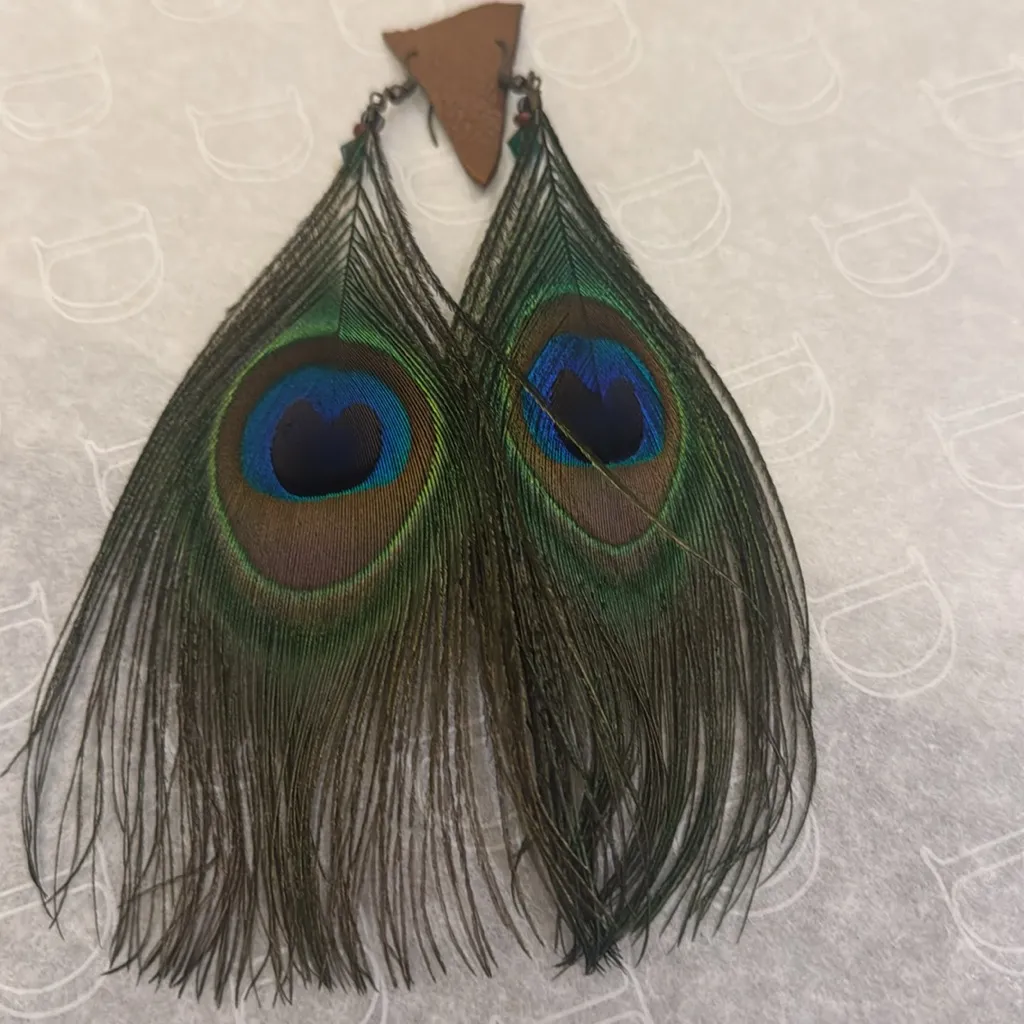 New Peacock, feather long earrings, statement piece - Image 3
