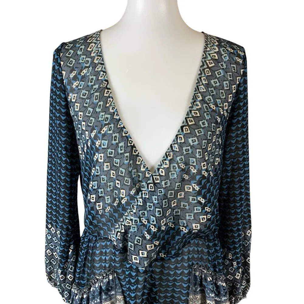 Free People Boho Elephant Print Ruffle Hem Wrap Sheer Top Small Long Sleeve Blue - Image 2