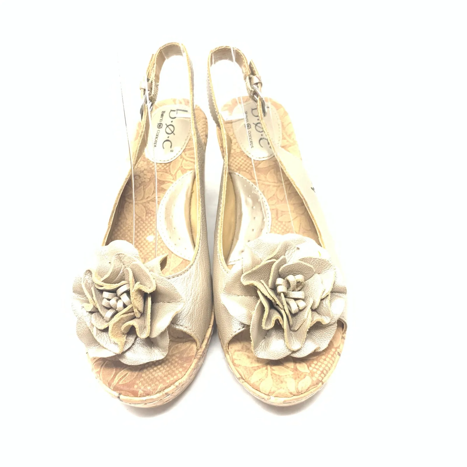 BOC Born Concept Blossom Gold Metallic Leather Cork Wedge Heels Sandals 7 Floral - Image 7