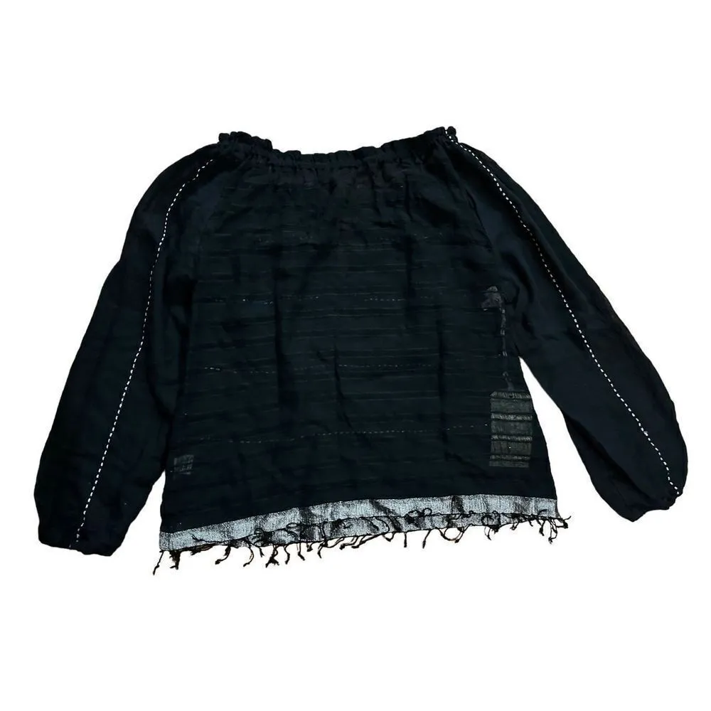 Lemlem Tikuri Blouse Cotton Gauze Fringed Hem Black, White, Silver Size S - NWT - Image 2