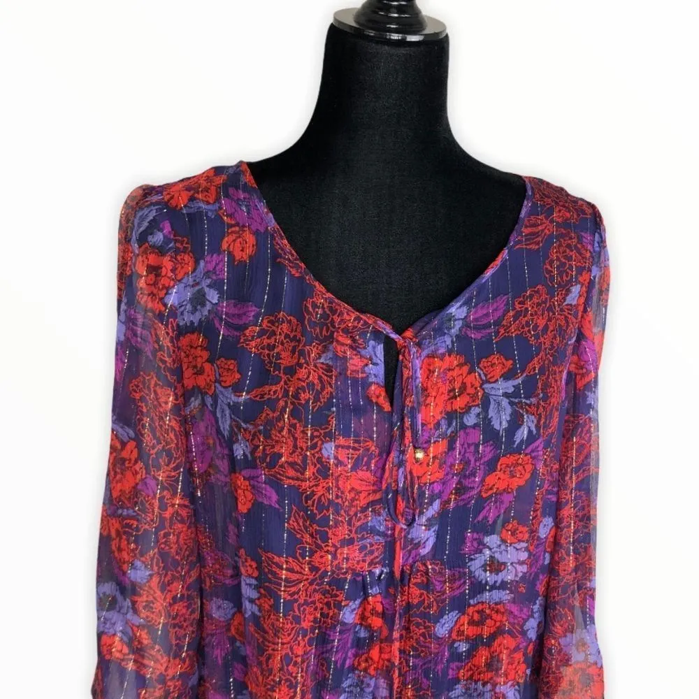 Ella Moss Silk Floral Purple Red Gold Metallic Stripe Sheer Tie Neck Blouse sz M - Image 2