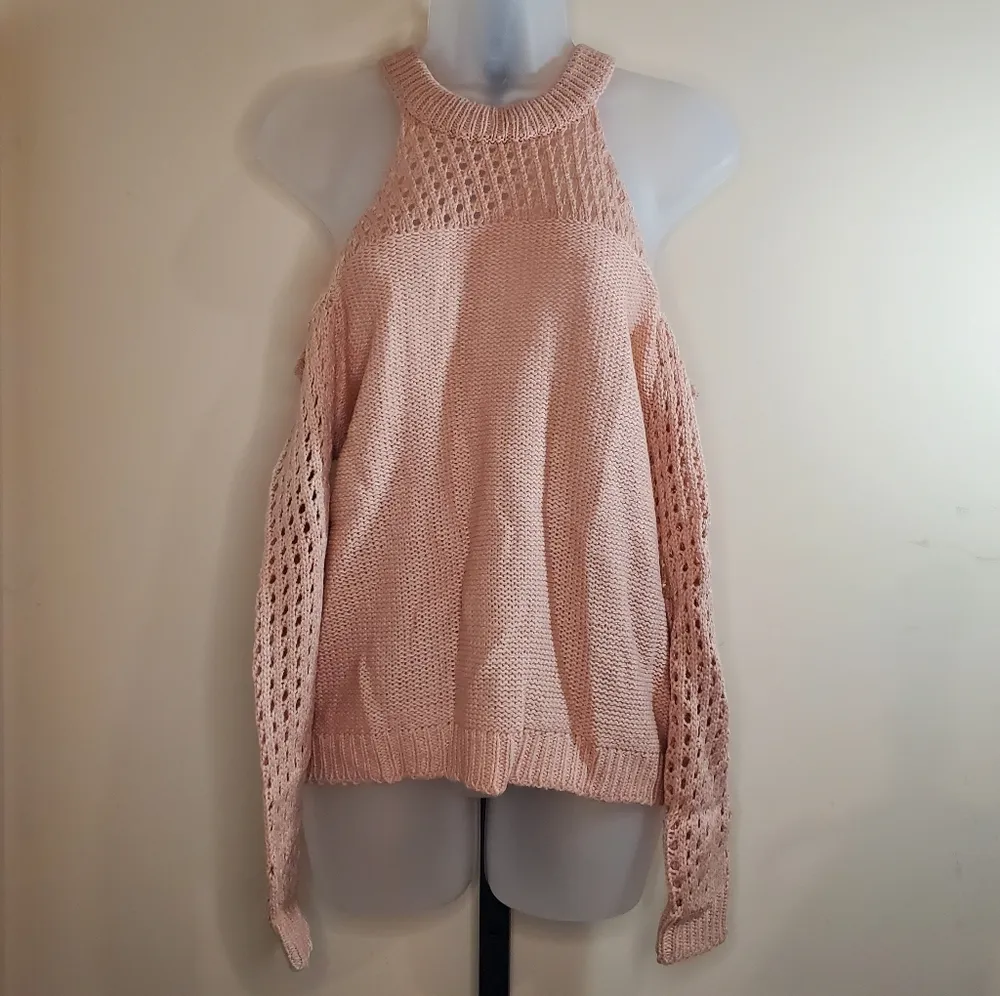 Poof Pink Knit Long Sleeve Cold Shoulder Sweater S - Image 5