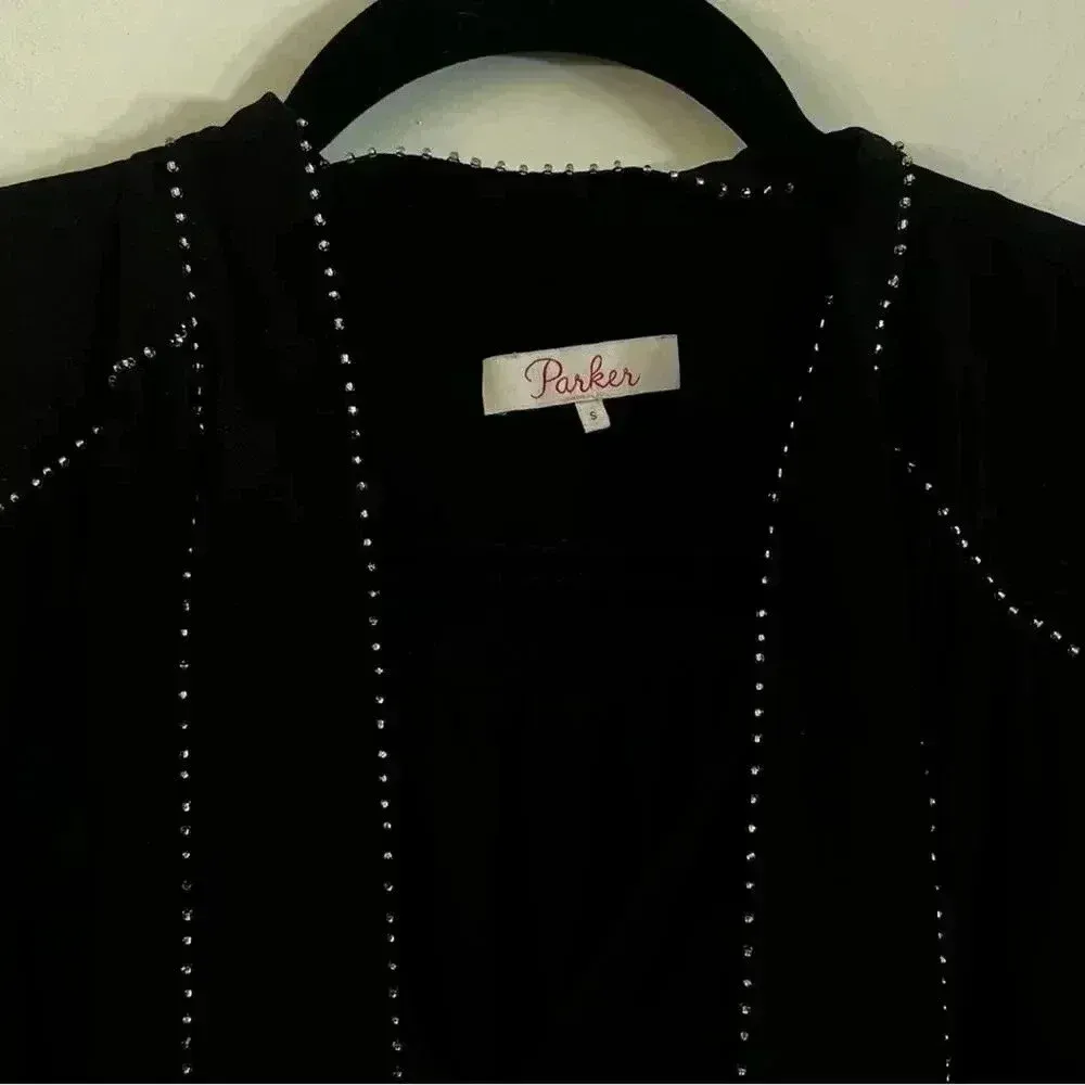 348 Parker Black Cathryn Silk Beaded Smocked Long Sleeve Dress Size Small - Image 4