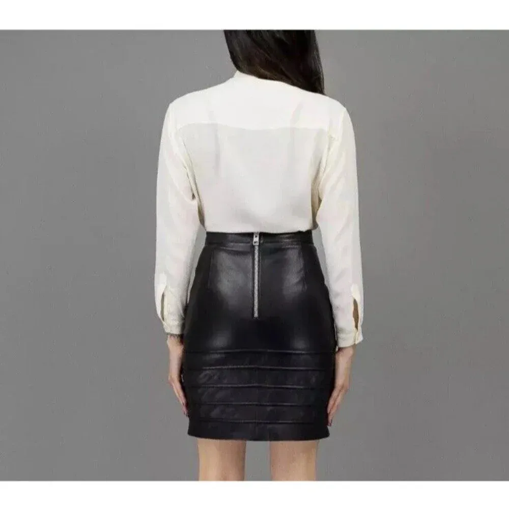 Allsaints Pipe Pencil Lamb Leather High Waisted Mini Skirt in Black Size US 8 - Image 4