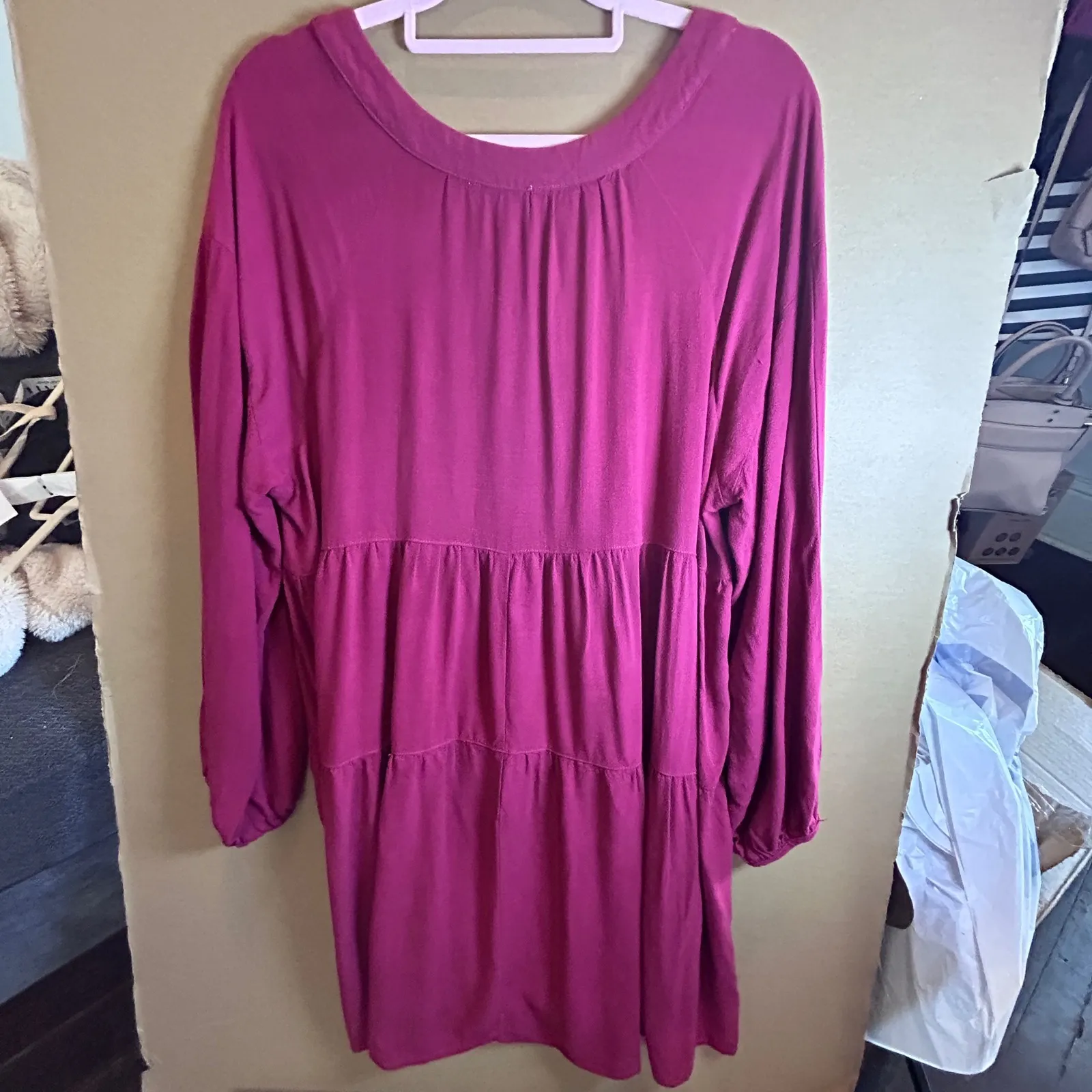 Umgee Plus Tiered Square Neck Long Sleeve Dress Berry Burgundy Plus Size 1XL - Image 7