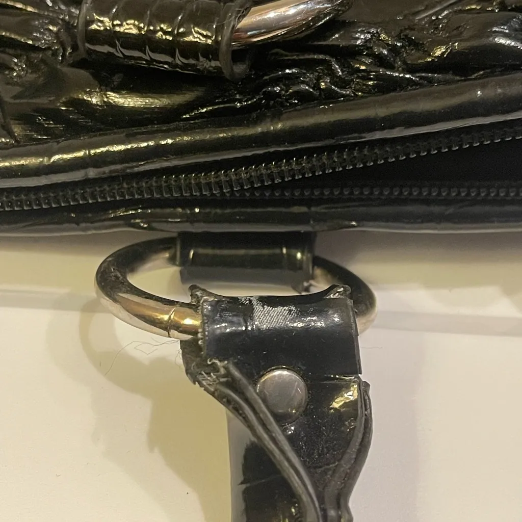 Woman’s black shiny ruffled tote handbag purse bag - Image 4