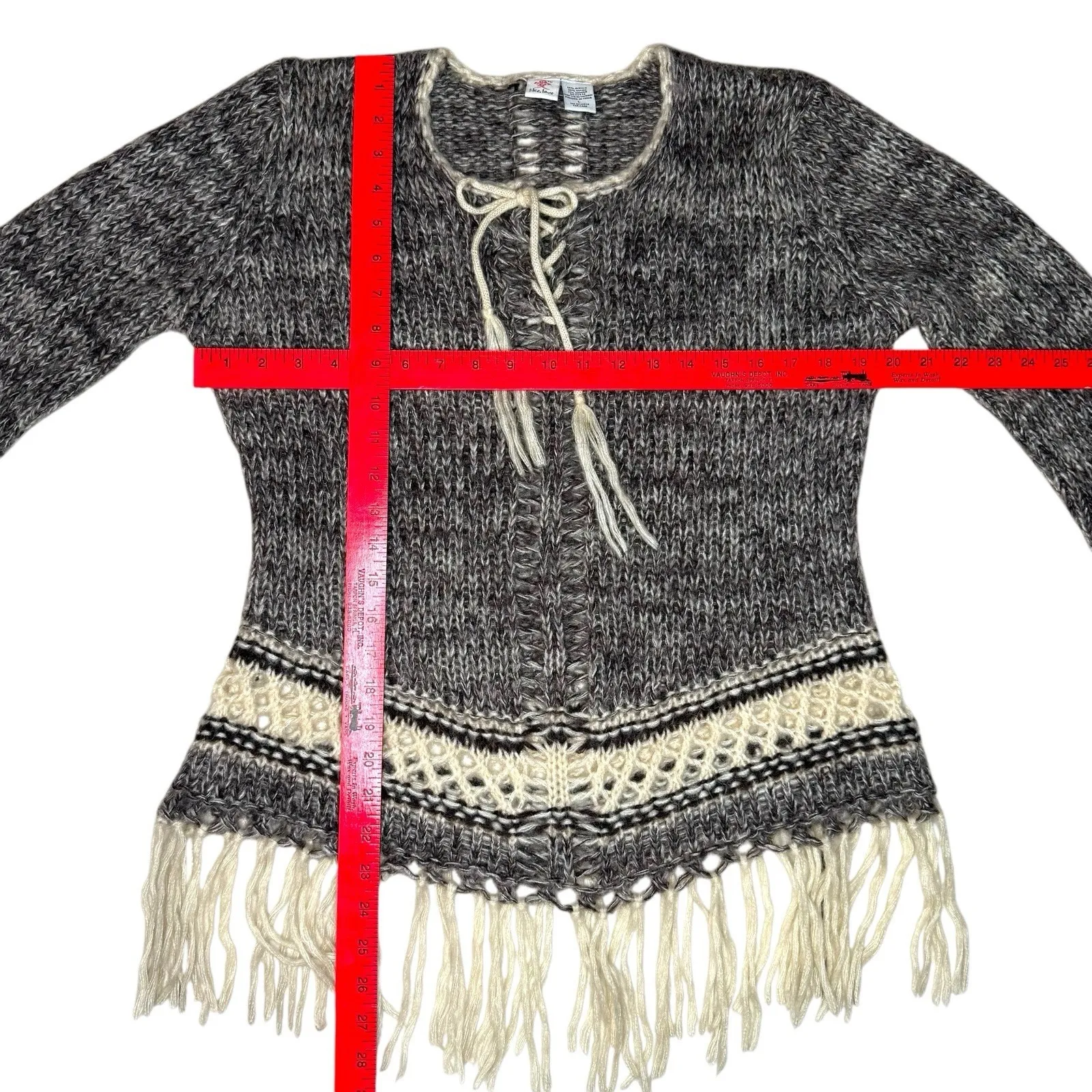 Folk‎ Mohair Blend Fringe Sweater L Boho Lace Up Knit Large Earthy Tribal Boho Tan - Image 6