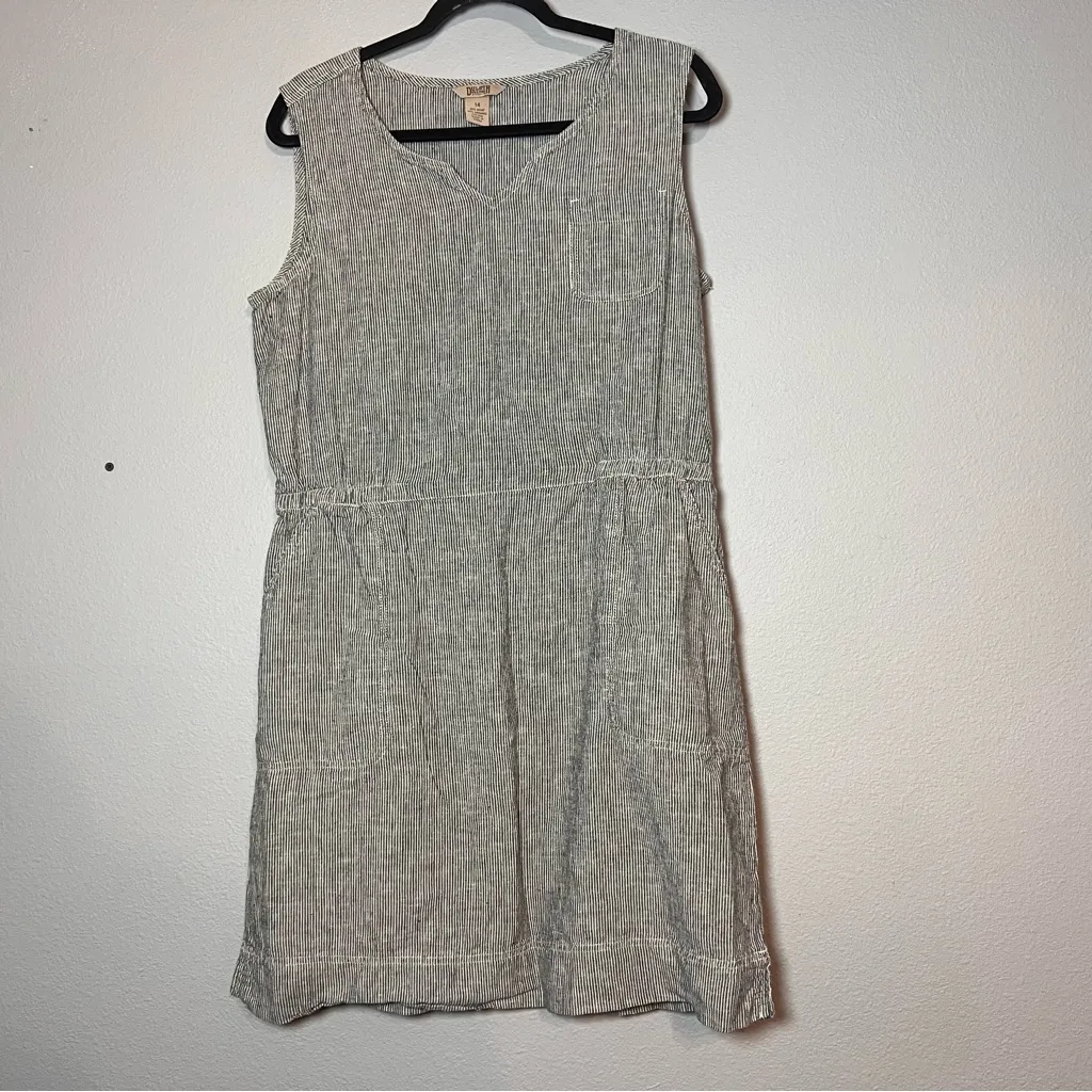 Duluth Trading Co Sleeveless Dress Gray White Vertical Stripes Hemp Cotton Sz 14 - Image 2