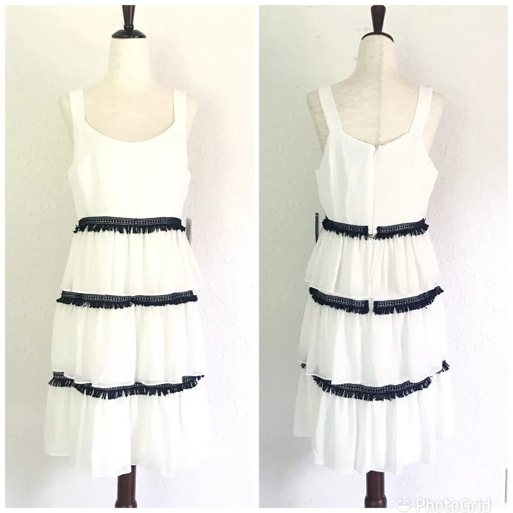 HALSTON White Black Sleeveless Fringe‎ Cocktail Dress Tiered Ruffle Size 6 New - Image 3