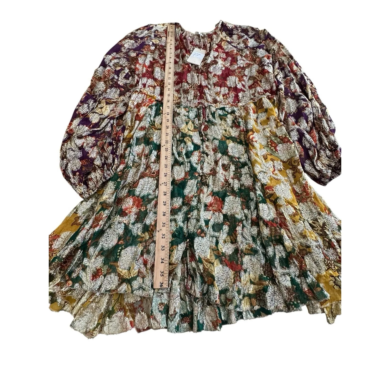 Anthropologie Let Me Be Dress Medium Gold Rainbow Floral Boho Long Sleeve AB14-1 - Image 12