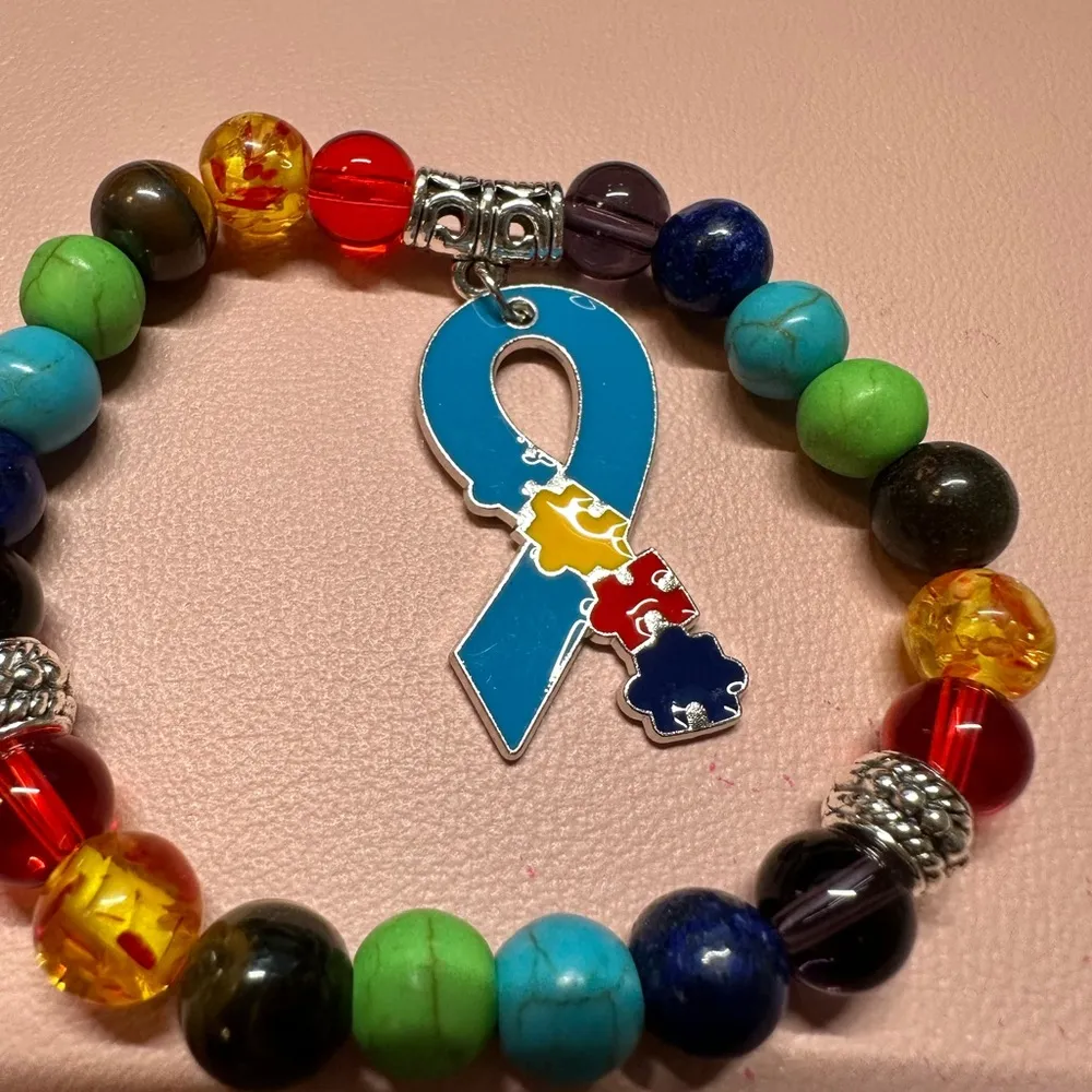 Autism Support Bracelet. Colorful Beaded Bracelet with Puzzle Ribbon Charm Blue - Image 2