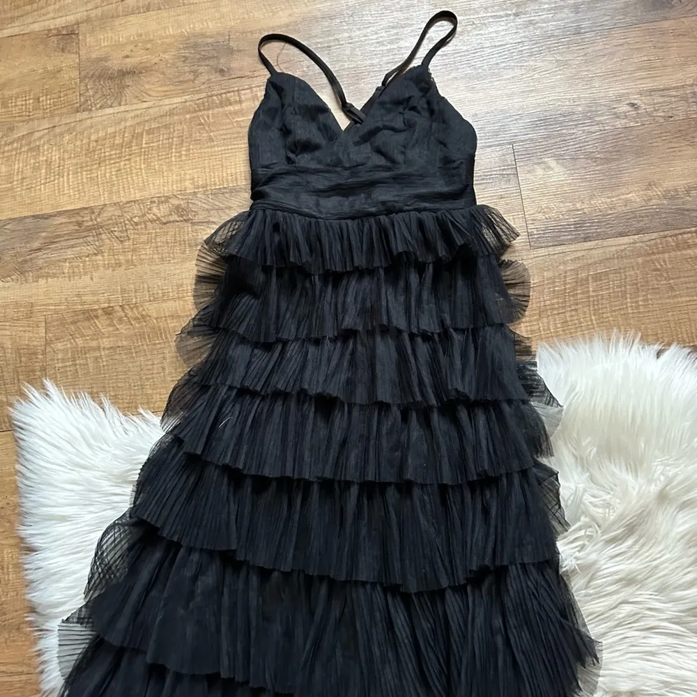 LULU’S Radiant Event Black Mesh Tiered Pleated Backless Maxi Dress - Image 6