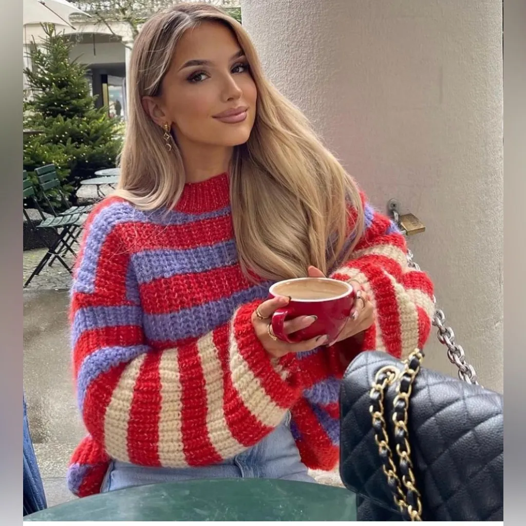 ZARA Chunky Knit Crew Neck Oversized Striped‎ Sweater Balloon Sleeves Size Small - Image 9