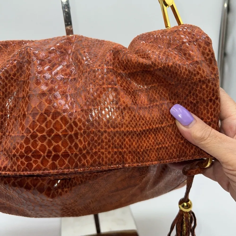 Joy Mangiano Large Snake Emboseed Fold Over Shoulder Bag Brown - Image 6