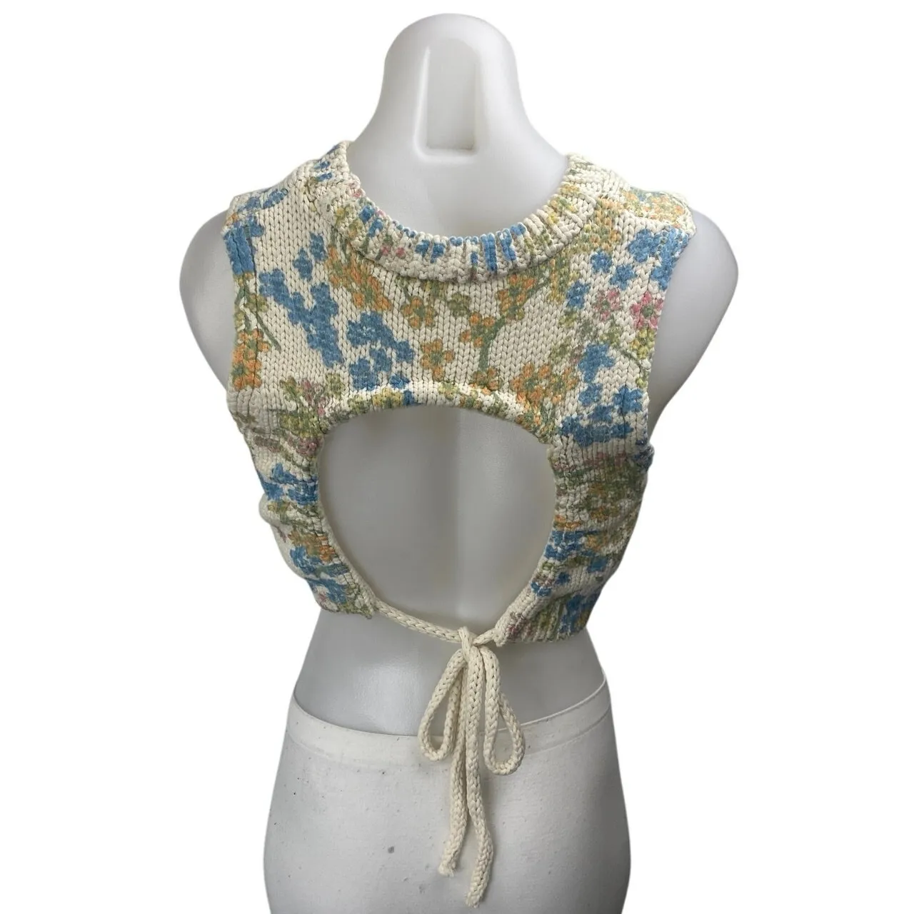 Zara Women's Multicolor Floral Cutout Tie Back Sleeveless Knit Crop Tank Top M - Image 2