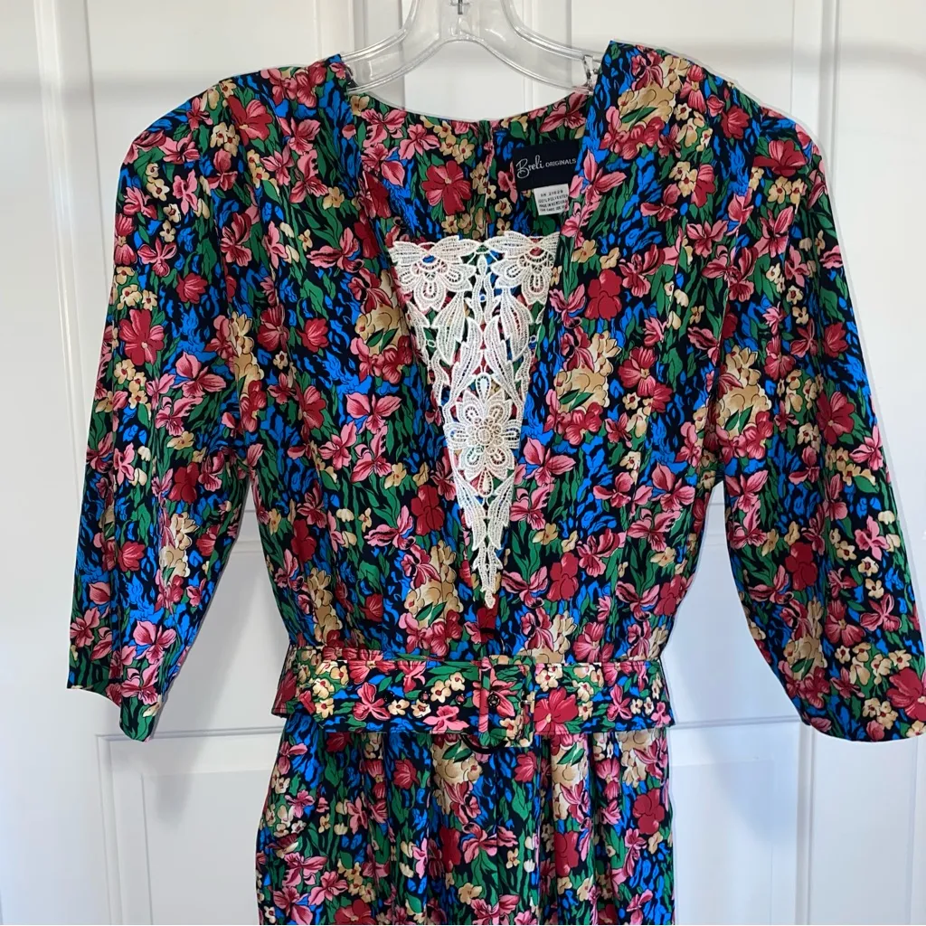 Vintage Breli Original silky floral pencil skirt midi dress shoulder pads lace 8 Multiple - Image 2