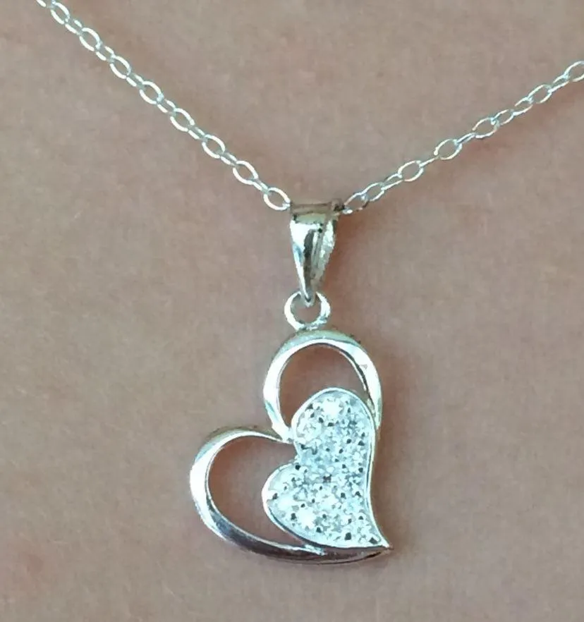 Sterling Silver 925 Lopsided CZ Open Heart Pendant - Image 2