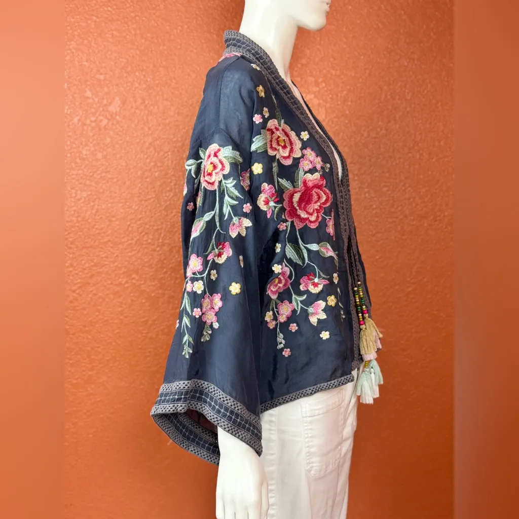 Johnny Was 100%RayonFloralEmbroidered Kimono in Navy/Pink S Medium retail $509 - Image 4