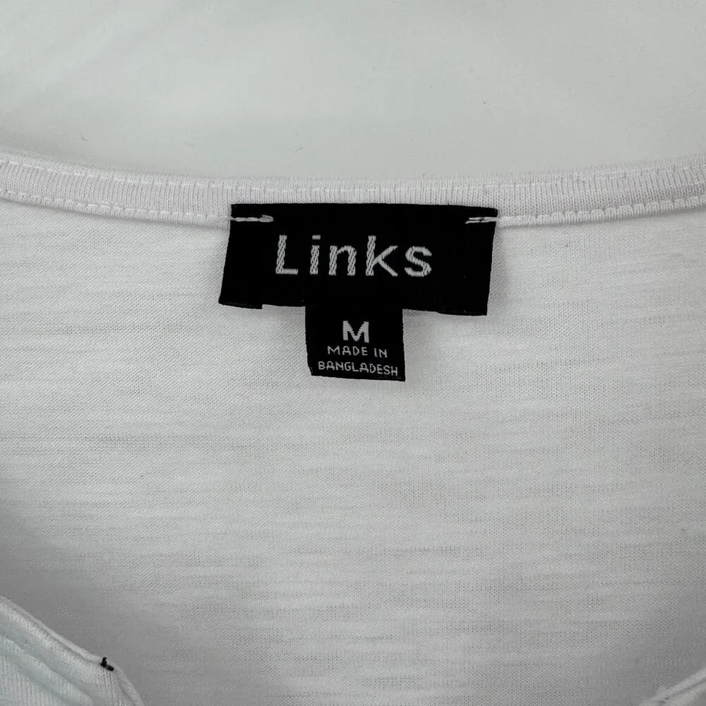 Links blouse size M notched V neck yellow bird novelty print blue white floral Size M - Image 5