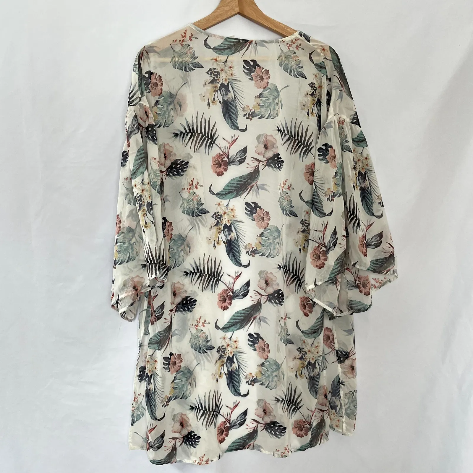 Emerald floral leaf kimono coverup robe women's size M sheer flowy sleeve style Green - Image 8