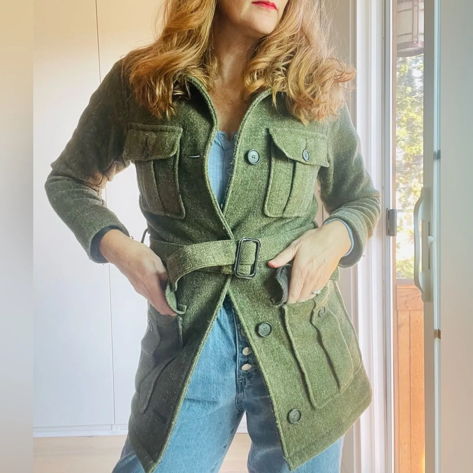 Vintage Wool Military Style Womens Olive Green Coat SZ XS Belted Gopcore Utility - Image 4