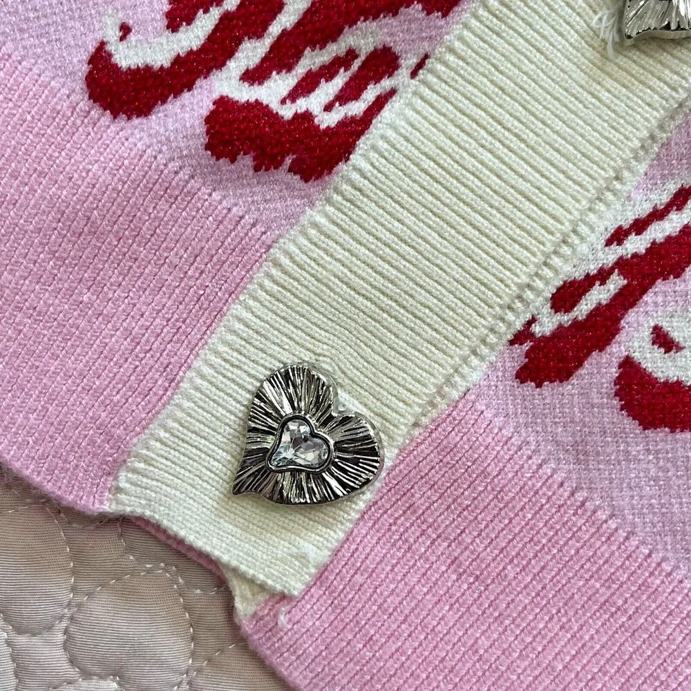 $399 NWT Karl Lagerfeld Women Pink Logo Cardigan Sweater Jacket Rhinestone Heart - Image 4