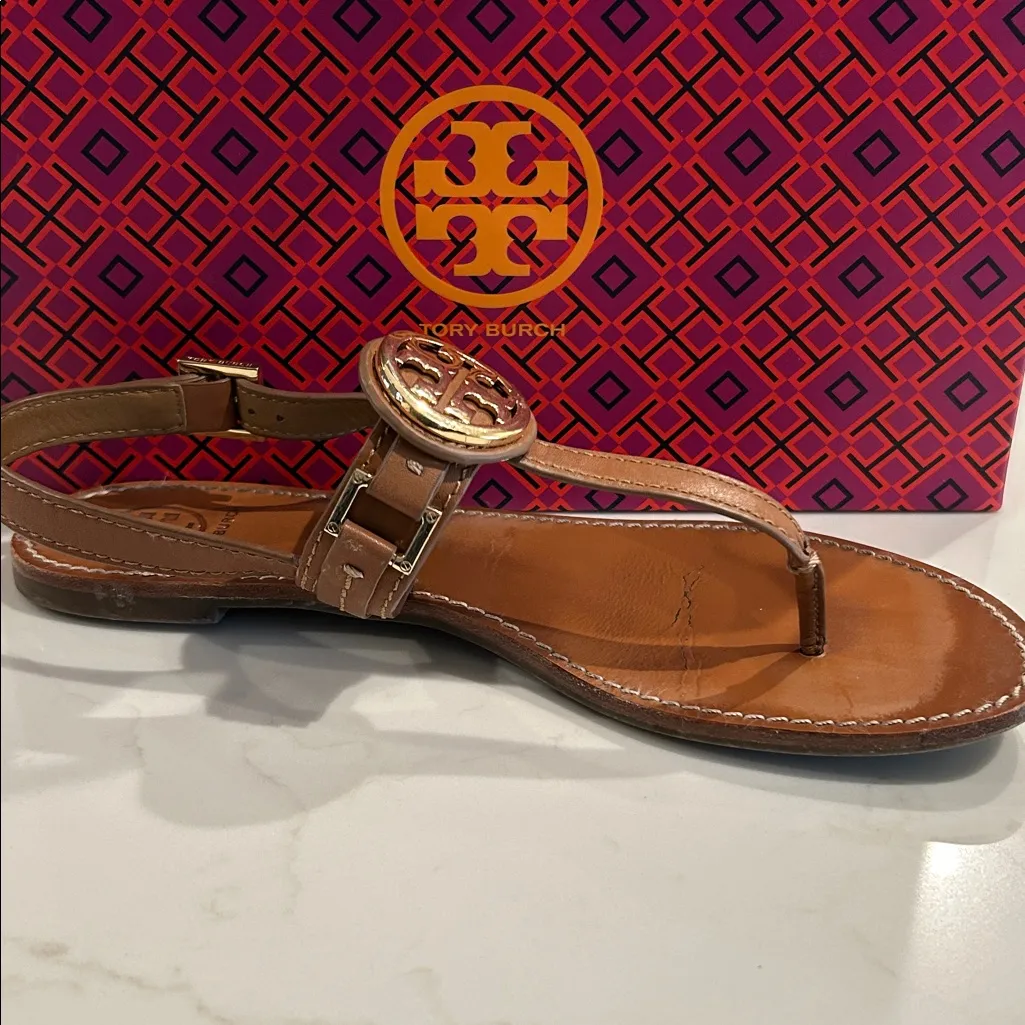 Tory Burch Cassia Flat Thong Sandal French Calf Leather Size 9 in Royal Tan - Image 11