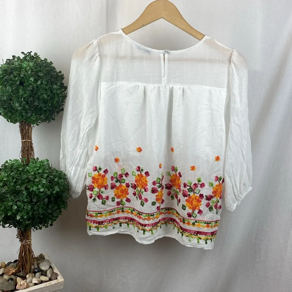 Figueroa & Flowers White Embroidered Long Sleeve Peasant Boho Blouse Top S - Image 2