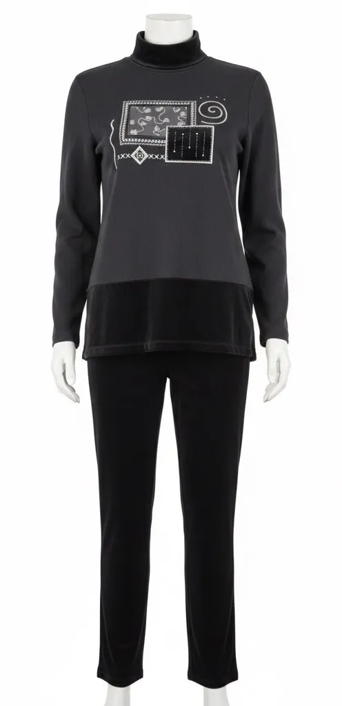 Bobbie Brooks Outfit S Vintage 90s Mock Neck Velour Patchwork Top Pants Set Goth Gray - Image 1