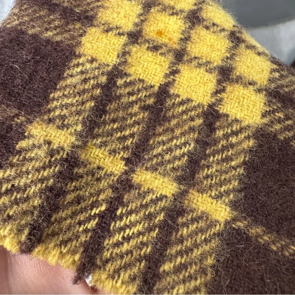 Vintage Wool Plaid Scarf Yellow Brown Tartan Fringe Fall Winter Unisex Academia - Image 6