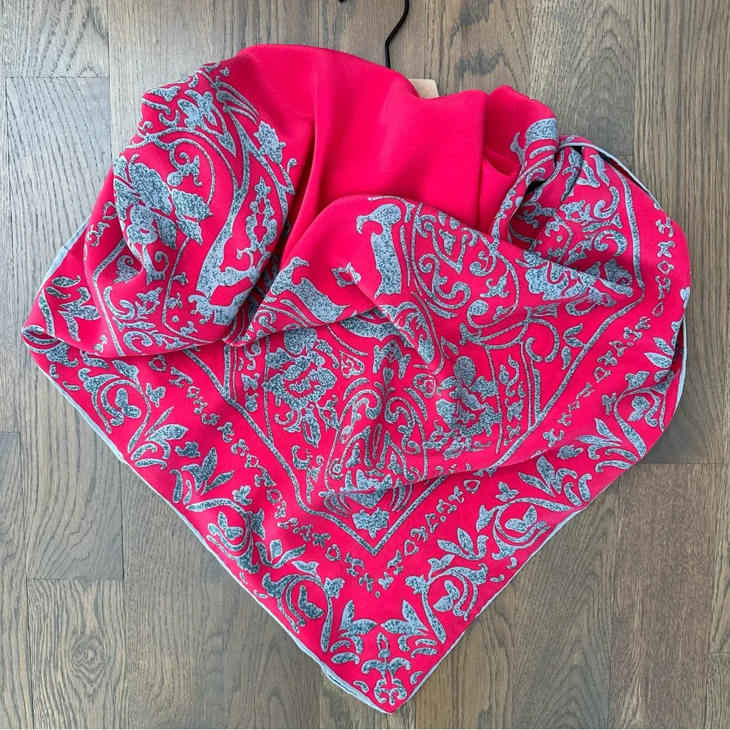 Anthropologie Vintage 100% Silk Paisley Printed Square Scarf Pink and Grey 40"l - Image 3