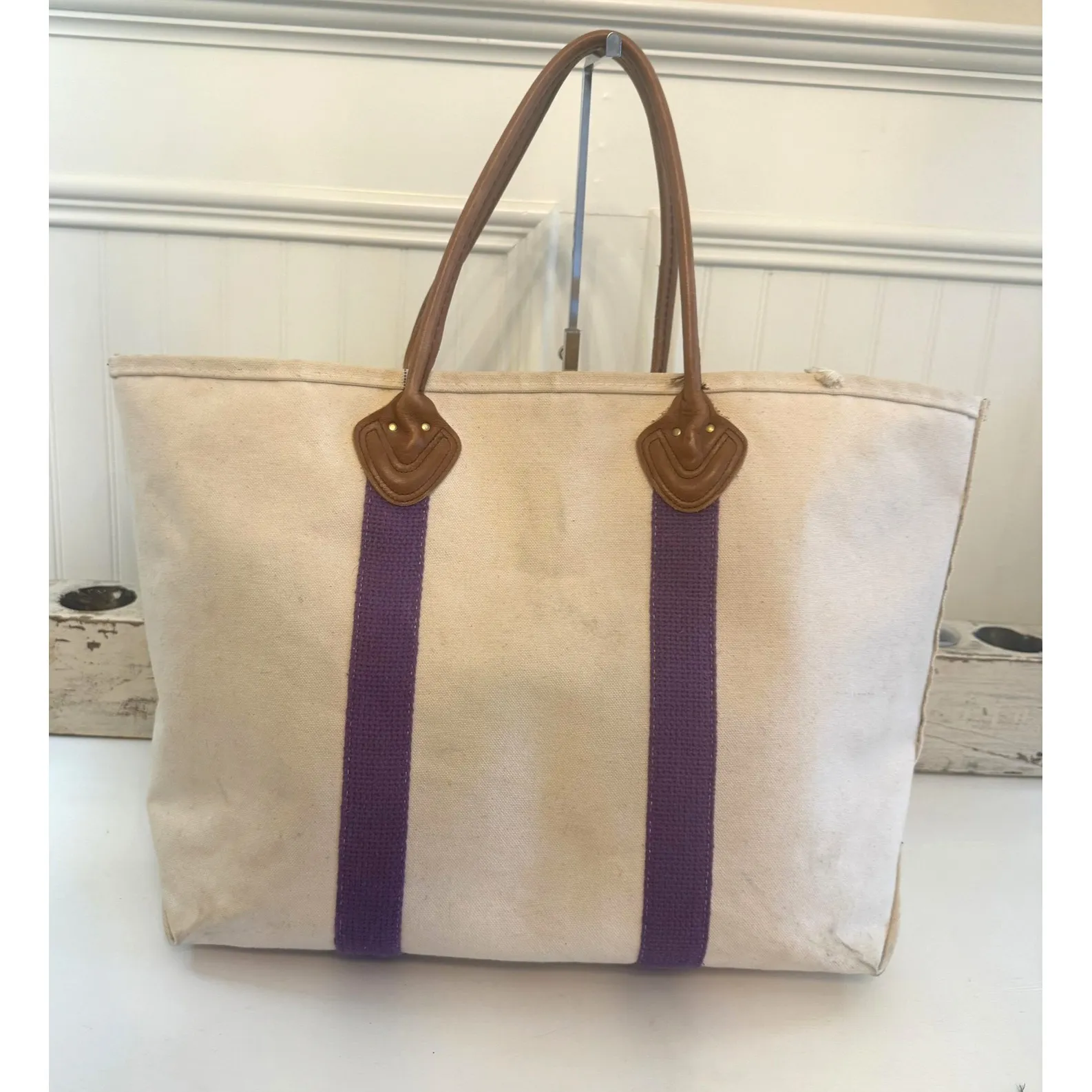 Vintage 80's LL Bean Factory Store Boat & Tote Leather Handle Bag Striped Purple - Image 2