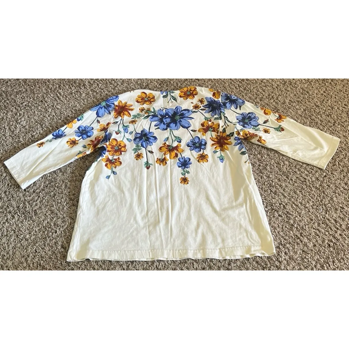 Vintage Blair Women's Cream Blue Yellow flowers Quarter Sleeve Top Size‎ Large - Image 5